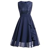 Lazzboy Damen Kleid Sommer Elegant Kleider Spitzenkleid Knielang Festlich Hochzeit Partykleid Rockabilly Retro Cocktailkleid Sommerkleid Ärmellos Großes Pendel Lose Langes Dress(Blau,S)