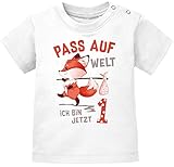 MoonWorks® Baby T-Shirt 1. Geburtstag Pass auf Welt ich Bin jetzt 1 Fuchs Geburtstagsshirt Kurzarm Bio-Baumwolle 1 weiß 68/74 (4-9 Monate)