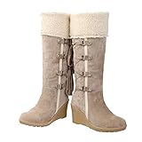 Winterstiefel Gefüttert Damen Hohe Stiefel Vintage Wildleder Winterboots mit Keilabsatz und Schnürung, Frauen Winter Langschaftstiefel Bequem Warme Damenschuhe Celucke (Beige, 42 EU)