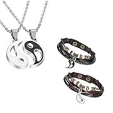 Flongo 2 Stück Armbänder für Paare, Yin Yang Tai Chi, schwarz, weiß, geflochtenes Lederarmband Tribal, tolles Geschenk zum Valentinstag/Weihnachten S