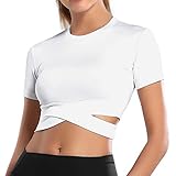 MUYOGRT T-Shirt Damen Sportshirt Kurzarm Crop Top Sexy Sport Oberteil Bauchfreie Sommer Laufshirt Funktionsshirt Atmungsaktiv Leicht Yoga Fitness Shirts Schnelle Trockene Sporttop(Weiß，S)