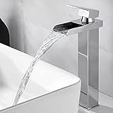 Dolinvo Wasserhahn Bad Wasserfall Hoch Waschtischarmatur Chrom Silber für Badezimmer 304 Edelstahl mit Schläuchen für Kaltwasser und Warmwasser Armatur Eckig Korrosionsbeständig Hochdruck