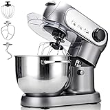 Küchenmaschine, 6+P Geschwindigkeitsstufen Knetmaschine Rührmaschinen mit Edelstahl-Schüssel, Rührbesen, Knethaken, Schlagbesen, Spritzschutz (A)