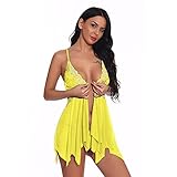 JISHII Nachthemd für Damen Spitze Nettogarn Schlinge V-Ausschnitt Babydoll Unregelmäßiger Saum Nachtwäsche mit Panties Vorne Schließen Kurz Verführerisch Schlafanzüge Dessous S
