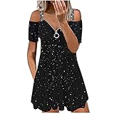 Damen Kleider Sommer Kurzarm Kalte Schulter Sexy V-Ausschnitt Reißverschluss Sommerkleider Lose Spitze Kurze Ärmel Abendkleider Brautkleider Elegante Knielanges Kleid Freizeitkleider Midik