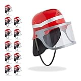 Relaxdays Feuerwehrhelm Kinder, mit Visier, Nackentuch & Kinnriemen, verstellbarer Kopfumfang, Feuerwehrmann Helm,