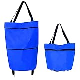 JiuRan Faltbare Einkaufstasche mit Rollen, Trolley Einkaufstasche, tragbare und wiederverwendbare Teleskopräder, wasserdichte praktische Tragetasche (Blau einziehbar)