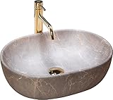 REA Waschbecken Waschtisch Aufsatzwaschbecken Keramik Handwaschbecken Aufsatz Waschschale Oval Stein 48x35 Grau Badezimmer Armatur Wasserhahn Bad Armaturen Nano-Beschichtung