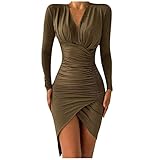 Sexy V Ausschnitt Cocktailkleid Damen Figurbetontes Wickelkleid Cocktailkleid Midi Club Kleid Falten Slim Minikleid Langarm Festlich Kleid Winter Elegant Abendkleid Kurz Partykleid Split Ballk