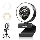 1080P Webcam mit Mikrofon, Full HD Facecam Live-Streaming Webcams mit Ringlicht, Stativ, 360° Schwenkradius JIGA, USB Kamera für PC, Videochat-Aufnahme, Mac, Laptop, Zoom, Skype (Weiß/Warmes Licht)