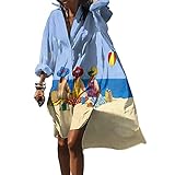 Damen V-Ausschnitt Hemd Blumendruck Langarm Hemden Kleid Mode Langarm Mittellanges Hemd Plus Size Print Hemden Kleid (L,Blau 2)