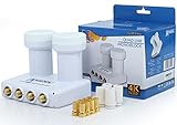 Anadol Monoblock Quad LNB Gold Line für Satellitenschüssel - 4 Teilnehmer, 2 Satelliten, Astra 19.2 & Hotbird 13 - digital Doppel Sat Kopf 0.1dB - Full HD, 4K, 8K, UHD, 3D, HDTV + 4 F-Stecker g