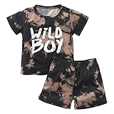 YUUMIN Sommer Kleidung Set Baby Jungen Kurzarm T-Shirt Buchstaben Print Tops + Motiv Shorts Outfits Set 6 Monate - 5 Jahre alt Braun 80-92
