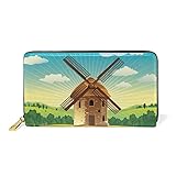 Malen Vintage Windmühle Reißverschluss Brieftasche Echtes Leder Geldbörse Kreditkarteninhaber für Frauen Telefon Mädchen M