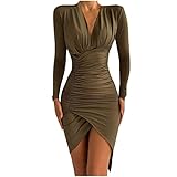 Komiseup Kleid Damen Elegant, Winterkleid Damen Langarm Sexy V-Ausschnitt Abendkleid Damen Weihnachtskleid Silvester Kleid Wickelkleid für Hochzeitsgäste Knielang Herbst W