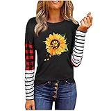 Calvinbi Damen Langarmshirt mit Sonnenblume Druck Karierte Nähte Langarm Oberteil Tshirts Pullover Tunika Bluse Top