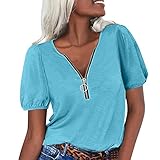 MRULIC Damen Oberteile Sommer Kurzarm V-Ausschnitt Einfarbig Lose Casual Tunika Hemd Frauen Sommer Pullover Sommerbluse Sommertop Tops Pullover(Blau,XXL)