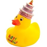 MC-Trend Happy Birthday Badeente Ente Quietscheente zum Geburtstag mit lustigen Kuchen Torte auf dem Kopf (1 Badeente)