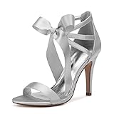 LGYKUMEG Damen Absatz Pumps Sandale, Bridal Brautschuhe Knöchelriemen Bow Brautschuhe Hochzeit Schuhe High Heel für Hochzeiten, Partys Wedding Shoes,Silber,37EU/6US/4U