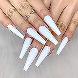 Brishow Sarg Künstliche Fingernägel Lange Falsche Nägel Reine Farbe Stick on Nails Ballerina Glänzende Vollabdeckung Acryl Falsche Nagelspitzen 20Pcs für Frauen und Mädchen (Weiß)