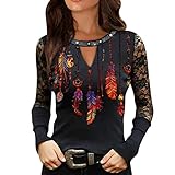 Sonojie Damen Spitze Bluse Sexy V Ausschnitt Langarmshirt Slim Fit Einfarbig Patchwork Spitzenbluse mit Floral Elegant Tunika Oberteil Top Oberteil Damen T Shirt Leicht Kurzarm Shirts Top