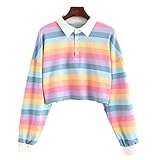 Crop Pullover Sweatshirtstoff Sweatshirt Regenbogen Streifen Revers Sexy Langarm T-Shirt Top M
