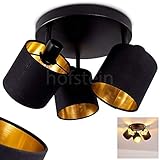 Deckenleuchte Alsen, runde Deckenlampe aus Metall/Stoff in Schwarz/Gold, 3-flammig, mit verstellbaren Strahlern, 3 x E14 max. 28 Watt, Spot mit Stoff-Schirmen im Retro/Vintage Design, LED geeig