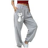 LFYYDS Damen Hose Lässige Katzedrucken Sporthose Leichte Bequeme Freizeithose mit Pockets Mode Einfache Sweathose Jogginghose Laufhose Passend für zum Laufen Radfahren F