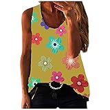 Flower Loose Cute Casual Women's Lovely Elegant Top Print Cool Sleeveless Women's Blouse (Yellow, XXXL)
