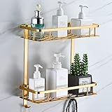 Duschablage ohne Bohren, Quadrat Duschregal Badezimmer Regal für Shampoo und Duschgelhalter Bad Wandregal Organizer Mit 2 Haken (2 Schicht,Champagner Gold)