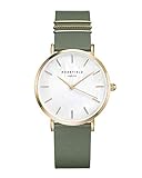 Rosefield Damenuhr The West Village Gold 33 mm Rundes Gehäuse mit Weißem Zifferblatt und waldgrünem Band - WFGG-W85