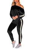 Viottiset Damen Zweiteilige Schulterfreies Sweatshirt Jogginghose Outfits Loungewear Sportswear Dunkles Schwarz M