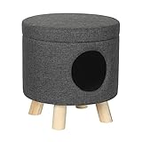 EUGAD Sitzhocker Katzenhöhle Hundebox mit Stauraum Fußhocker Aufbewahrungsbox, Deckel abnehmbar, Gepolsterte Sitzfläche aus Leinen, Massivholz, Dunkelgrau 0070DZ