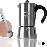 Thiru Espressokocher Induktion| Premium Mokkakanne aus Edelstahl inkl. Toolset (Silber, 4 Tassen (200ml))