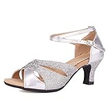 VCIXXVCE Frauen Glitzern niedrige Absätze Latin Tanzschuhe Hochzeitsfeier Sandalen, Modell DY-05, Silber, EU 38.5