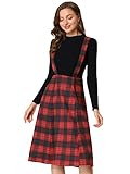 Allegra K Damen Vintage Plaid Overall Kleid A-Linie Tartan Strapse Midi Rock, rotem Karo,