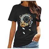 Tshirt Damen Kurzarmshirt Oberteile Casual Lose Kurzarm Shirt Basic Longshirt Tunika Bluse Tops Einfarbig Pullover Sweatshirt Elegant Rundhals Blusenshirt Schmetterling Druck Jumper Kuschelig