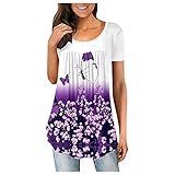 SEEGOU Tunika Damen Print Tshirt Kurzarm Longshirt Flowral Knopfleiste Shirt Lockere Blusen Ob