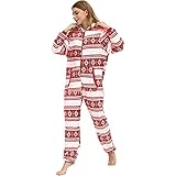 BIBOKAOKE Jumpsuit Schlafanzug Damen Frottee Weihnachts Pyjama Damen Einteilig Strampler Mit Kapuze und Reißverschluss Overall Nachtwäsche Long Sleeve Bodysuit Hausanzug Freizeitanzug