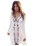 Mangotree Damen Boho Handstickerei Strandkleid Bikini Cover Up Weiß Bluse Sommerkleider Strandponcho Kittel Minikleid, 1 Weiß, EU34-40