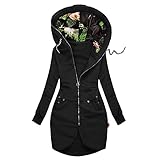 GOKOMO Damen Kapuzenjacke Lang mit Reißverschluss Innendruck Hoodie Einfarbiger Kapuzenpullover Frühlings und Herbst Jacken Langarm Elegant Modisch Damenjacke(Schwarz,XXL)