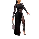 Chemenwin Damen Sexy Mesh Durchsichtig Pailletten Reißverschluss Strass Bodycon Clubwear Jumpsuit Strampler Einteiler Overall, Schwarz 1, X-Groß