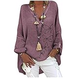 Leinenbluse Elegant Oversize Leinenbluse Damen Langarm Shirt Bluse mit Schmetterling Druck, Leinen Bluse V-Ausschnitt Langarmshirt Longshirt Oberteile Tunika Lose Lang Top