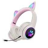fasloyu Klappbares LED-Katzenohr-Headset, kabelgebundener Bluetooth-Kopfhörer, Noise Cancelling, weiche Ohrpolster, 115 dB Gehörschutz, Hi-Fi-Audio, tiefer Bass, für Home Office (Weiß)
