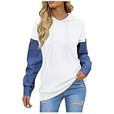 TT- Frauen Mädchen Jean Patchwork Kapuzenpullover Casual Hoodie Langarm Zweifarbige Damenmode Kapuzenpulli mit Kapuze Sweatshirt Pullover Kapuzenpullover Sweatshirt Pulli (Weiss, S)