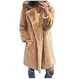 IQYU Damen warme Jacke Plüsch Taschenjacke Winter einfarbige Reversjacke Damen lange Ärmel bequeme Revers lange Jack