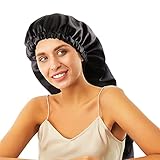 ELIHAIR Seidige Schlafkappen, Satin, für Erwachsene, Kinder, Teenager, Kleinkinder, Baby, verstellbare Schlafkappe, doppellagig, Adult Long Bonnet Jet Black, X-Larg