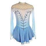 Damen Eiskunstlauf Kleid, Langarm Rollschuhlaufen Tanzen Outfit Rückenfreies Trikot Tanzkleidung Kostüm Kinder Mädchen Eislaufen Tanzen Tutu Rock Glänzender Strass Ballett Trikot Kleid,Blau,XL