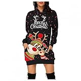 Damen Hoodie Kleid Pullover Langarm Sweatshirts Kapuzenpullover Tops Herbst Mini Kleid mit Weihnachten M