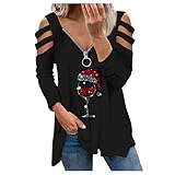 Damen Weihnachten Blusen Langarmshirts Longshirt Kalte Schulter Sexy V-Ausschnitt 1/4 Reißverschluss Bluse Tunika Oberteile Christmas T-Shirt Tops Lose Tuniken Basic Mode T